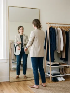 Alt Text:
Woman experimenting with clothing proportions to discover what fits her best