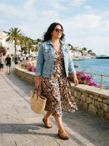 Alt Text: Plus-size woman wearing comfortable flat sandals with a breezy vacation outfit.
