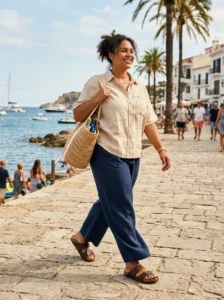 Alt Text: Plus-size woman wearing oversized sunglasses and carrying a woven straw bag on vacation.