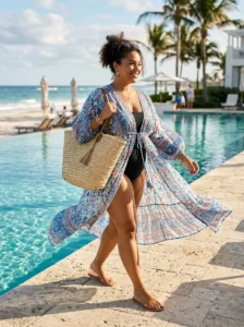 Alt Text: Plus-size woman wearing a flowing maxi dress for a vacation dinner.