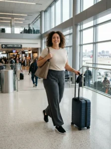 Alt Text: Plus-size woman wearing wide-leg joggers and a fitted tee at an airport
