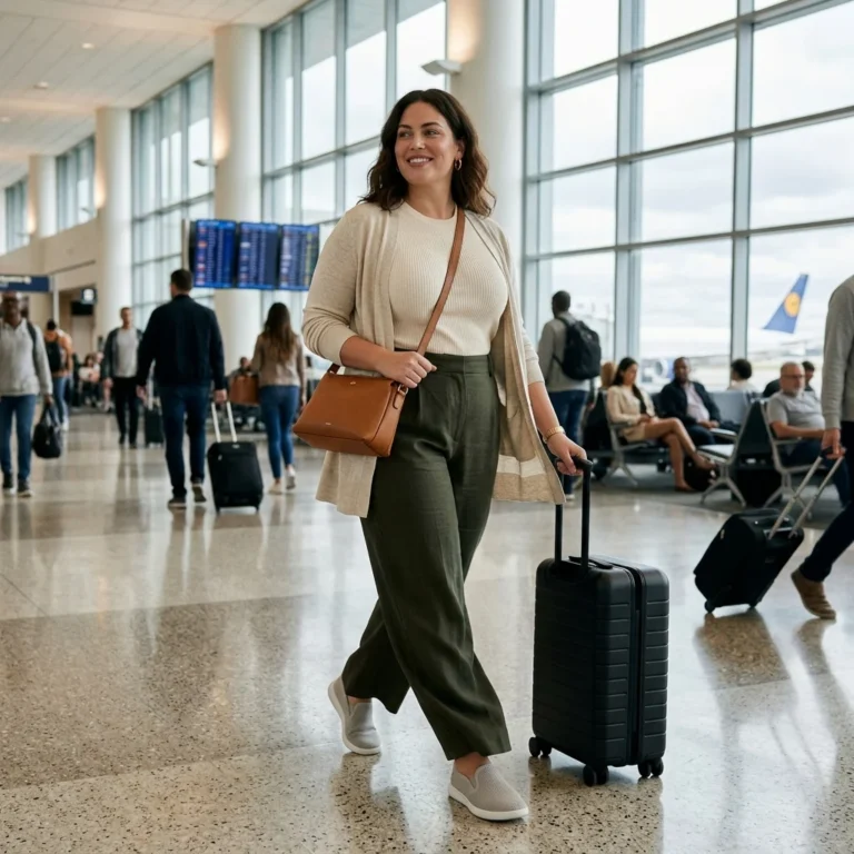 Alt Text: Plus-size woman wearing a comfortable stylish travel outfit while walking through an airport
