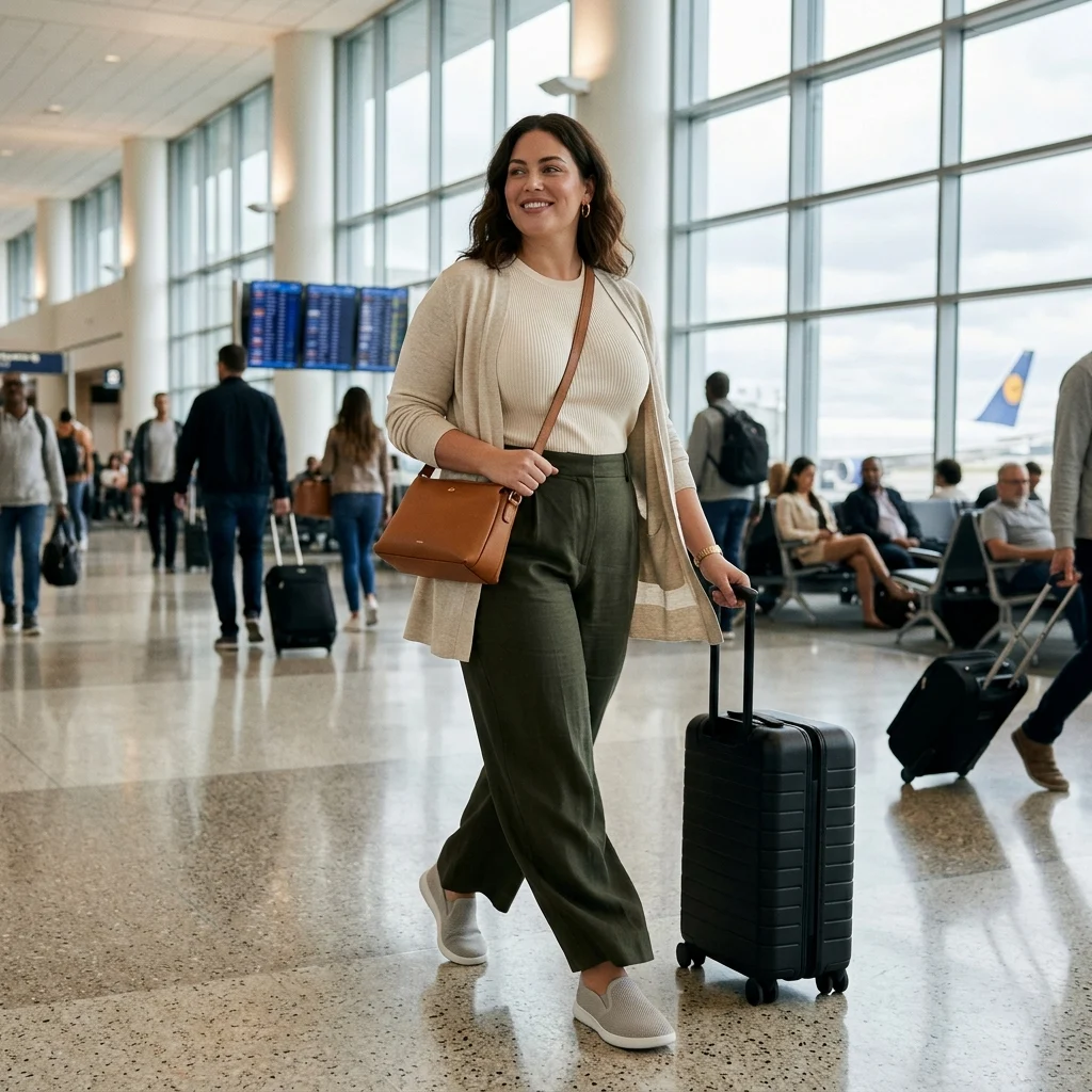Alt Text: Plus-size woman wearing a comfortable stylish travel outfit while walking through an airport