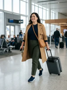 Alt Text: Plus-size woman wearing supportive sneakers and a crossbody bag while traveling through an airport