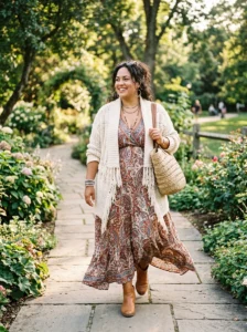Alt Text: Plus size woman confidently wearing a flowing boho outfit outdoors.