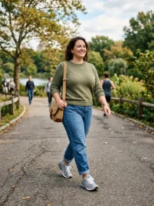 Alt Text: Plus size mom wearing a comfortable stretch jumpsuit.
