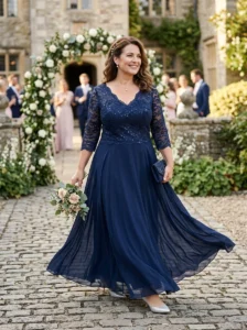 Alt Text: Plus-size mother of the bride wearing an elegant two-piece formal outfit.