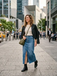 Alt Text: Woman wearing a modern effortless long denim skirt outfit