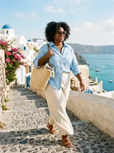 Alt Text: Plus-size woman wearing a comfortable, breathable vacation outfit with linen pieces and sandals.