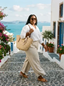 Alt Text: Plus-size woman in a breezy linen vacation outfit with wide-leg pants, sandals, sunglasses, and a woven bag.