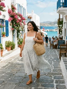 Alt Text: Plus-size woman wearing a flowy cotton sundress and sandals for a vacation day.