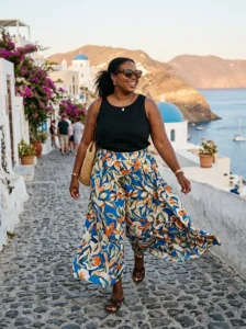 Alt Text: Plus-size woman wearing comfortable sandals, oversized sunglasses, and a woven vacation bag.