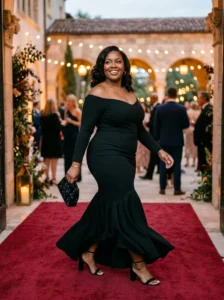 Alt Text: Plus-size woman wearing a sequin jacket over a solid black dress.