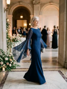 Alt Text: Mother of the bride wearing a formal gown with dramatic bell sleeves.