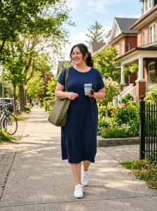 Alt Text: Plus size mom wearing ponte knit pants with a relaxed blouse.