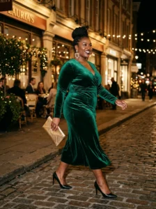 Alt Text: Plus-size woman wearing a bold and confident night-out outfit.