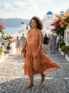 Alt Text: Plus-size woman wearing a flowy cotton sundress and flat sandals on vacation.