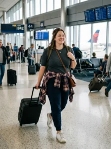 Alt Text: Plus-size woman wearing comfortable bottoms while sitting in an airport