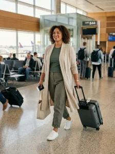 Alt Text: Plus-size woman wearing an oversized flannel as a travel layer