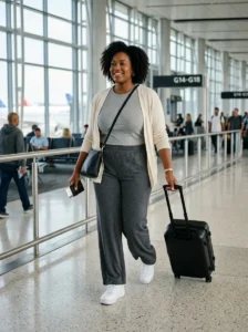 Alt Text: Plus-size woman wearing wide-leg joggers and a fitted tee for travel