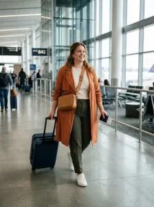 Alt Text: Plus-size woman wearing a comfortable one-piece outfit for travel