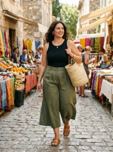 Alt Text: Plus-size woman wearing wide-leg culottes and a simple top on vacation.