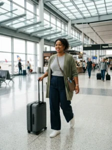Alt Text: Plus-size woman arriving at her destination in a comfortable stylish travel outfit