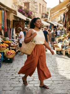 Alt Text: Plus-size woman wearing flowy palazzo pants and a simple top on vacation.
