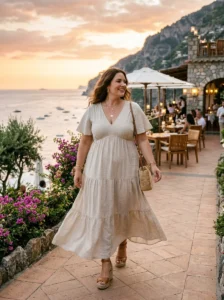 Alt Text: Plus-size woman wearing a linen jumpsuit and statement earrings on vacation.