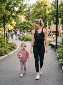 Alt Text: Organized sporty mom wardrobe with athletic basics, layers, sneakers, and practical bags.