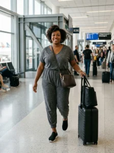 Alt Text: Plus-size woman wearing a long cardigan over a stretch knit top while traveling