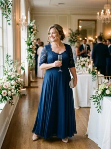 Alt Text: Plus-size woman wearing a structured fit-and-flare formal dress.