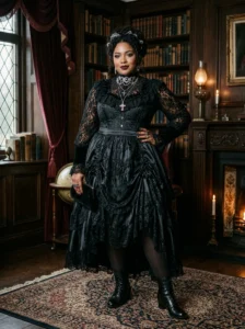 Alt Text: Plus-size woman wearing a dramatic black hooded goth cape