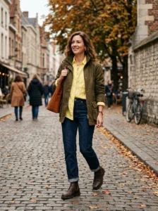Bright summer-colored shirt balanced with darker fall clothing and boots