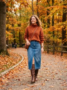 Alt Text: Long denim skirt outfits styled for different seasons