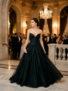 Alt Text: Elegant black gowns featuring different sophisticated necklines