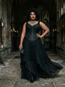 Alt Text: Plus-size woman wearing a structured corset-inspired goth outfit