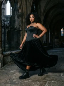 Alt Text: Plus-size woman wearing flowing layered black goth clothing
