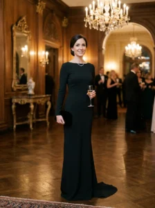 Alt Text: Elegant black gowns with dramatic embellishments and details