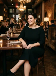 Alt Text: Plus-size woman wearing a flowy jumpsuit with low block heels for a night out.