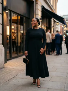 Alt Text: Plus-size woman wearing a stretch bodycon dress with comfortable flat sandals.