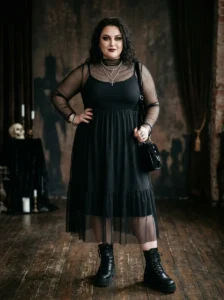 Alt Text: Plus-size woman wearing romantic gothic lace and velvet clothing
