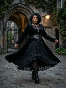 Alt Text: Plus-size woman wearing leather-inspired goth clothing with lace details