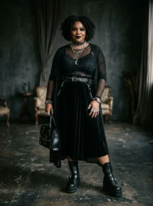 Alt Text: Plus-size woman completing a goth outfit with statement boots silver jewelry and a structured bag