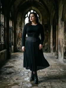 Alt Text: Plus-size woman wearing an overbust corset with a flowing black maxi skirt