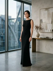 Alt Text: Elegant black gown with a deep V-neckline