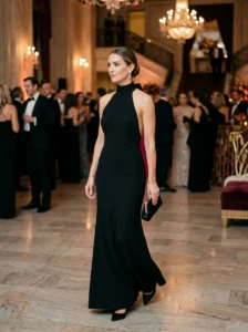 Alt Text: Woman wearing an elegant matte crepe black gown