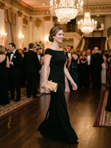 Alt Text: Elegant black gown styles showing different silhouettes fabrics and accessories