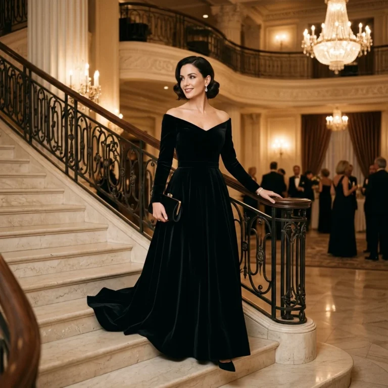 Alt Text: Elegant woman wearing a sophisticated black evening gown at a formal event
