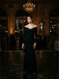 Alt Text: Elegant woman wearing a timeless black gown at a formal evening event